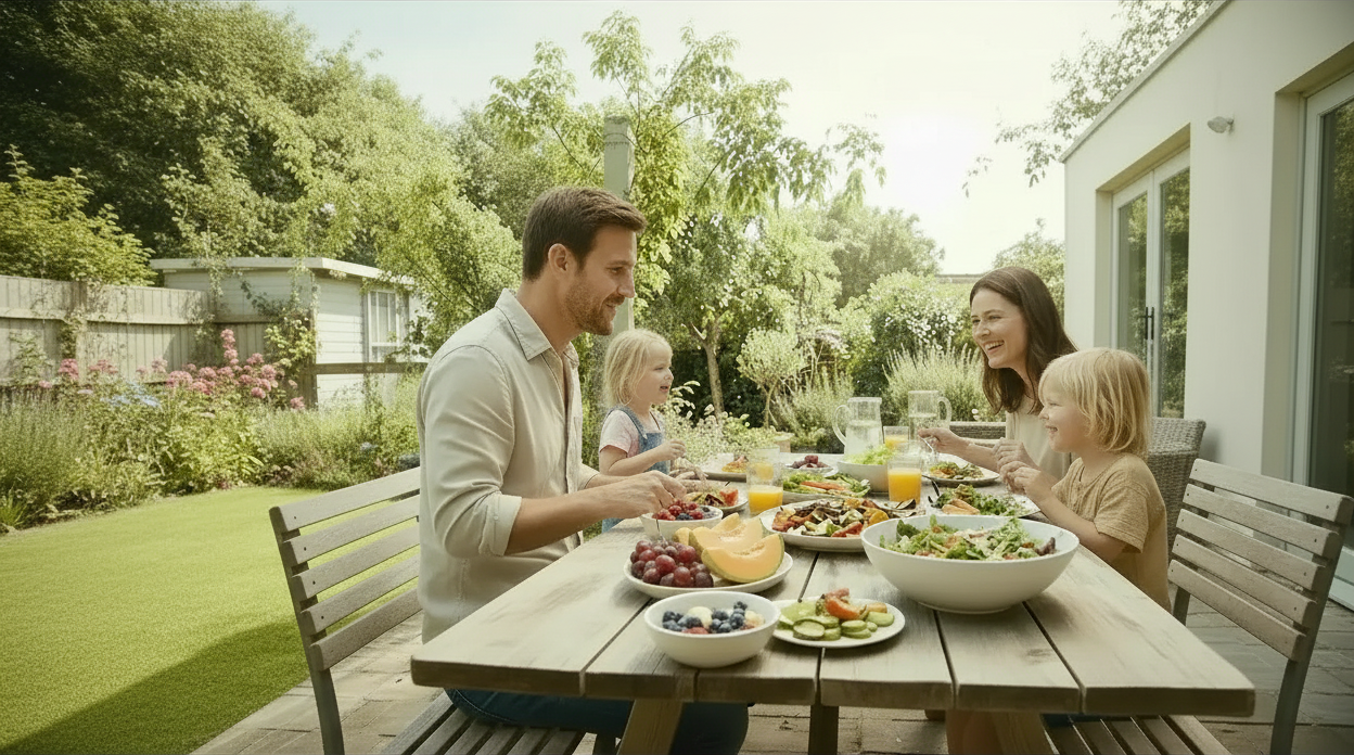 Familia disfrutando comida saludable